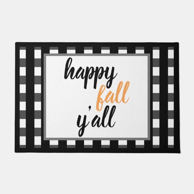 Modern Happy Fall Y'all Black Buffalo Check Style Doormat (Front)