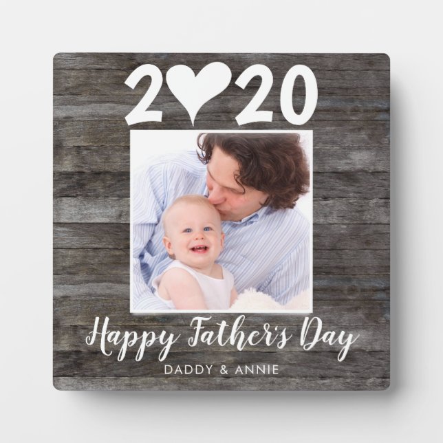 Modern Happy Father's Day Script Heart Wood Photo Plaque (Front)