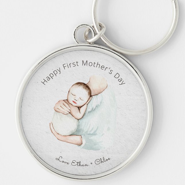 Modern Happy First Mother's Day Cute Watercolor Keychain (Front)