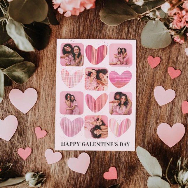 Modern Happy Galentine Pink Hearts & Photo  Holiday Card (Creator Uploaded)