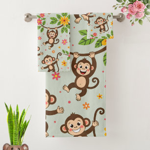 Modern Happy Good Luck Monkeys on Laurel Green Bath Towel Set