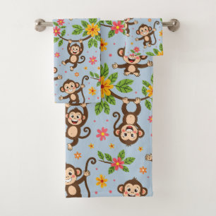 Modern Happy Good Luck Monkeys on Light Blue Bath Towel Set