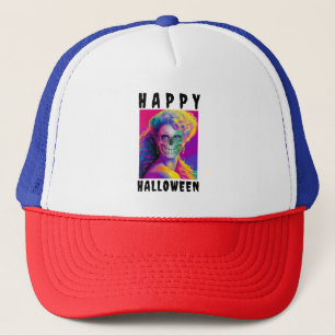 MODERN  HAPPY HALLOWEEN COLORFUL SKULL CUSTOM TRUCKER HAT