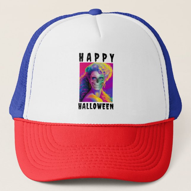 MODERN  HAPPY HALLOWEEN COLORFUL SKULL CUSTOM TRUCKER HAT (Front)