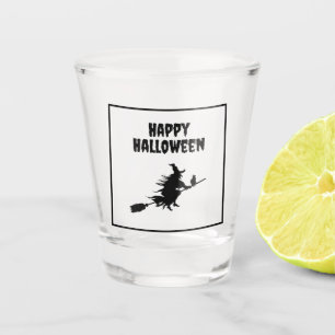 Modern Happy Halloween Flying Witch on Broom Cat Shot Glass