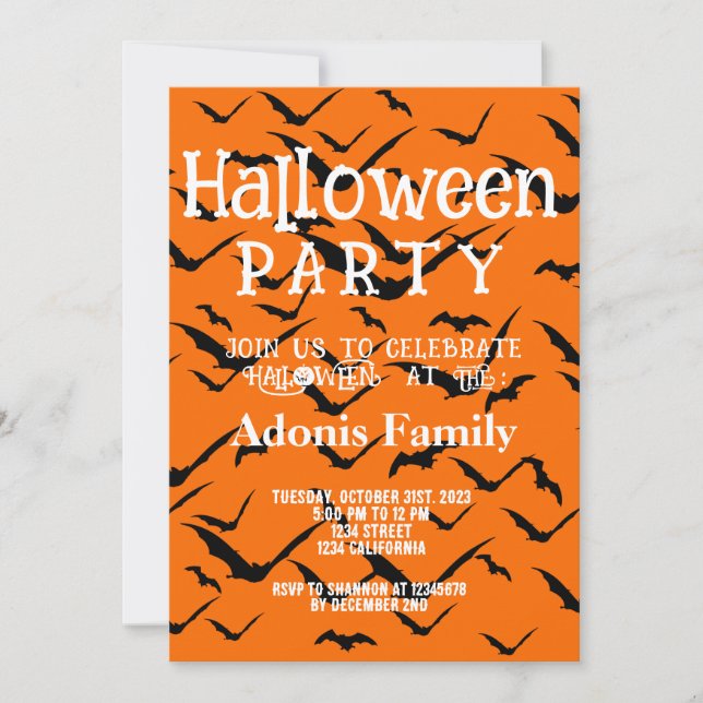 Modern Happy Halloween Party Black Bat Oranges Invitation (Front)