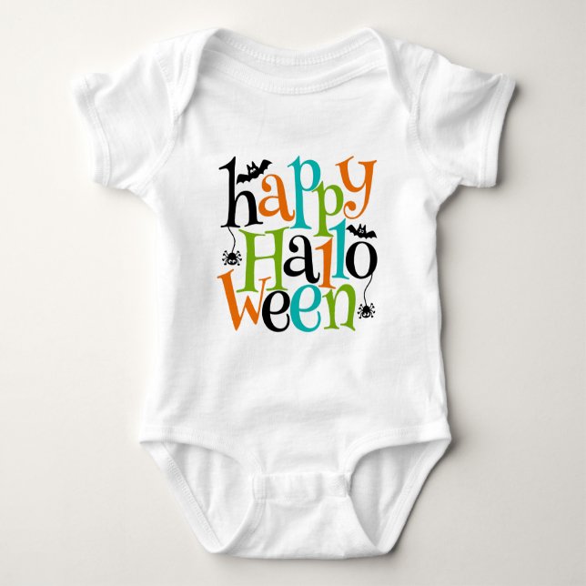 Modern Happy Halloween Typography Bats Spiders Baby Bodysuit (Front)