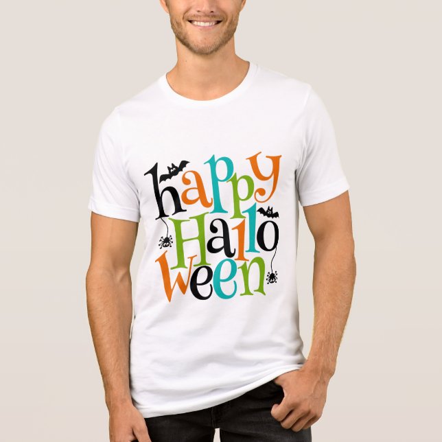 Modern Happy Halloween Typography Bats Spiders Tri-Blend Shirt (Front)