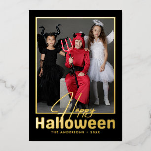Modern Happy Halloween Typography Photo Foil Holiday Card