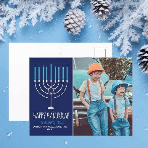 Modern Happy Hanukkah Family Photo Blue Postcard