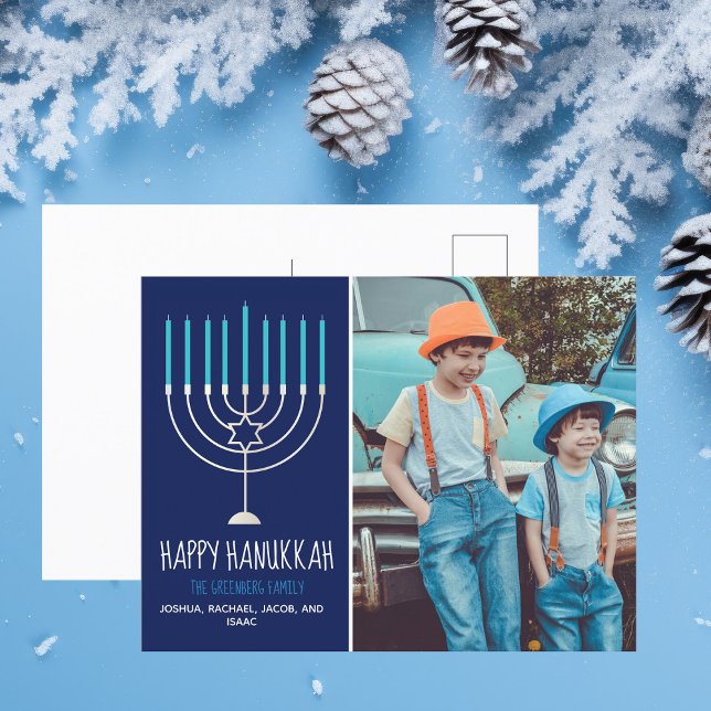 Modern Happy Hanukkah Family Photo Blue Postcard (Creator Uploaded)