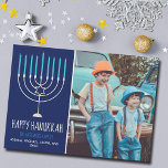 Modern Happy Hanukkah Family Photo Card<br><div class="desc">This cute,  trendy Happy Hanukkah card features a beautiful menorah on a blue background with white typography. This beautiful Jewish photo holiday card features your own photograph next to your family name.</div>