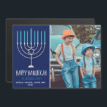 Modern Happy Hanukkah Family Photo Magnet Card<br><div class="desc">This cute,  trendy Happy Hanukkah magnet card features a beautiful menorah on a blue background with white typography. This beautiful Jewish photo holiday magnetic card features your kids photograph next to your family name.</div>