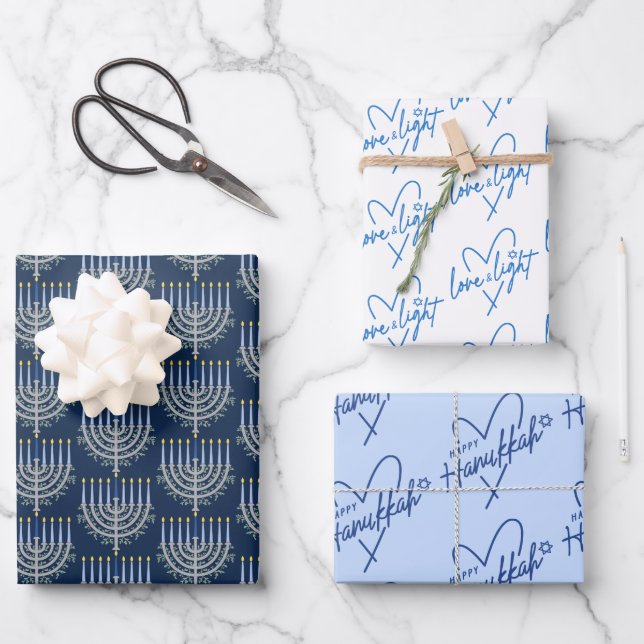 Modern Happy Hanukkah Menorah Love and Light Wrapping Paper Sheets (Front)