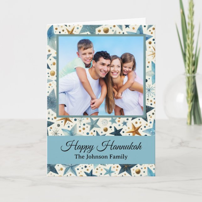 Modern Happy Hanukkah Pattern Custom Family Photo Card (Front)
