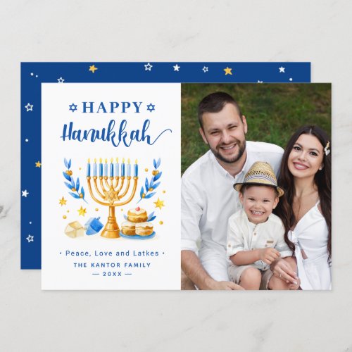Modern Happy Hanukkah Peace Love and Latkes Photo Holiday Card