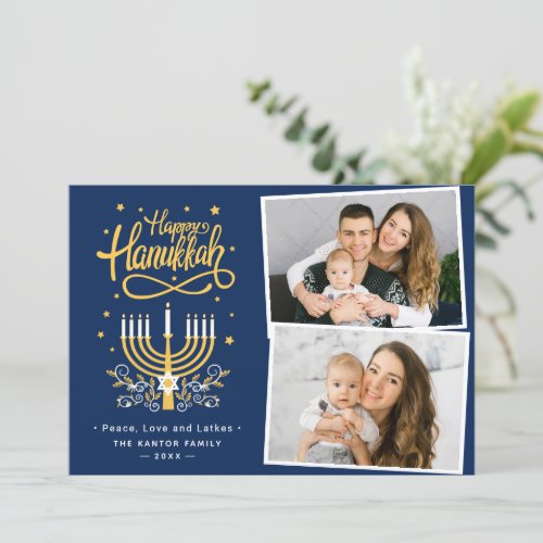 Modern Happy Hanukkah Peace Love Latkes 2 Photo Holiday Card