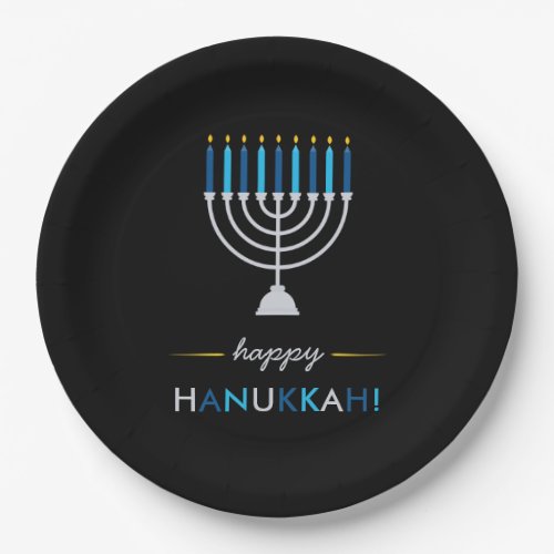 Modern Happy Hanukkah Silver Menorah on Black Paper Plates