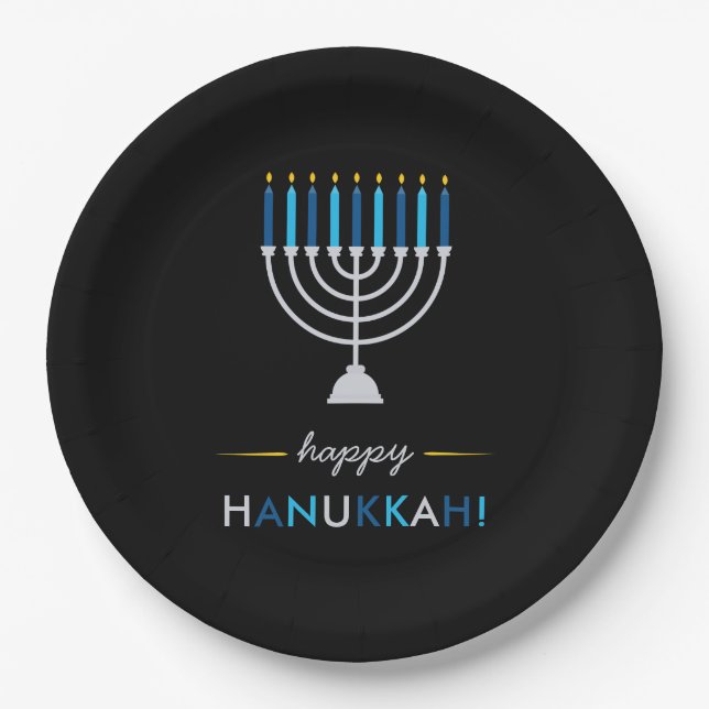 Modern Happy Hanukkah Silver Menorah on Black Paper Plates (Front)