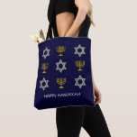 Modern HAPPY HANUKKAH  Tote Bag<br><div class="desc">Modern HAPPY HANUKKAH tote bag with CUSTOMIZABLE text, showing faux gold and silver STAR OF DAVID and MENORAH. Text reads HAPPY HANUKKAH with a placeholder name, and is CUSTOMIZABLE, so you can PERSONALIZE it by adding your name or other text. Ideal for Hanukkah celebrations, and with customization can be suitable...</div>