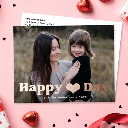 Modern Happy Heart Day Photo Valentines Day Foil Holiday Postcard