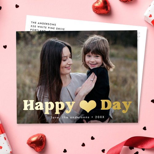 Modern Happy Heart Day Photo Valentines Day Gold Foil Holiday Postcard
