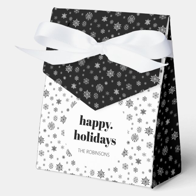 Modern Happy Holiday Black White Snowflake Pattern Favor Boxes (Front)