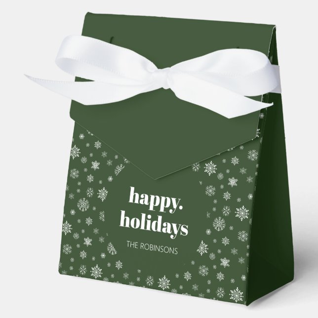 Modern Happy Holiday Green Snowflake Pattern Favor Boxes (Front)