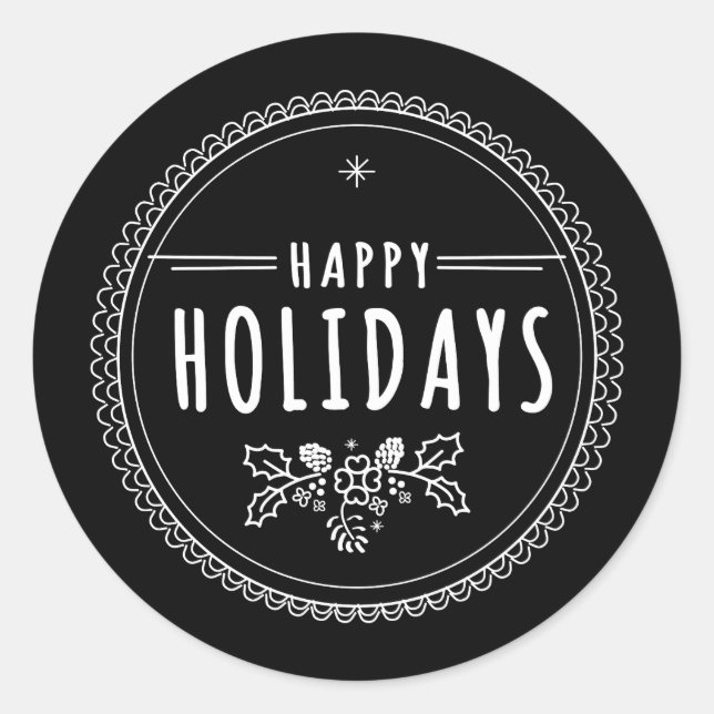 Modern Happy Holiday Round Black Christmas Sticker (Front)