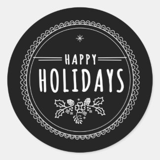 Modern Happy Holiday Round Black Christmas Sticker