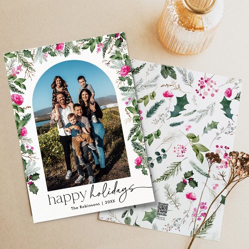 Modern Happy Holidays 1 Photo Pink  Greenery Arch Holiday Card