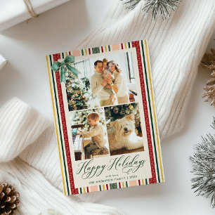 Modern Happy Holidays 3 Photo Vintage Stripes Bow Holiday Card