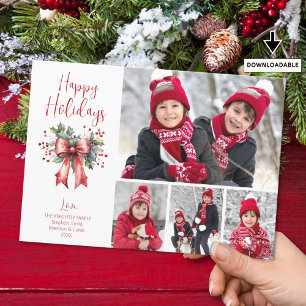 Modern HAPPY HOLIDAYS 4 Photos Red Bow Script Holiday Card