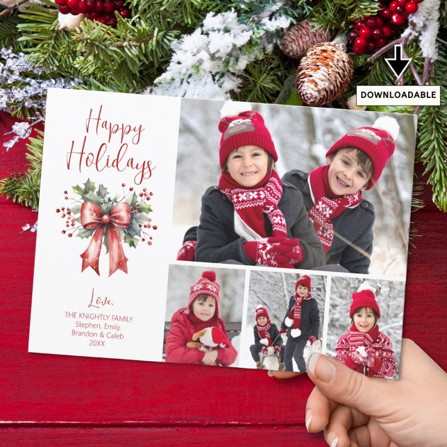 Modern HAPPY HOLIDAYS 4 Photos Red Bow Script Holiday Card (Creator Uploaded)