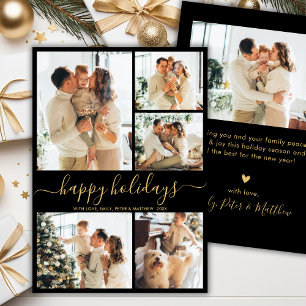Modern Happy Holidays Black Gold 5 Photo Collage  Holiday Card