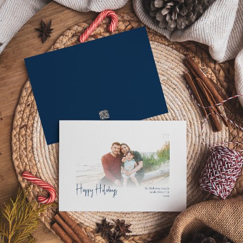 Modern Happy Holidays  Blue Faded Photo Holiday Card