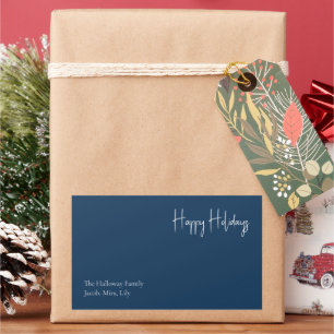 Modern Happy Holidays Blue Family Gift Label