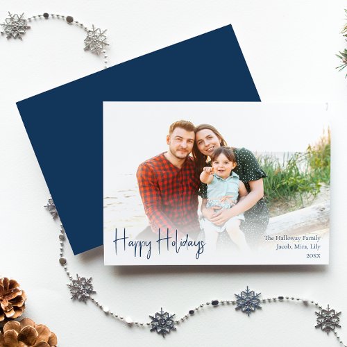 Modern Happy Holidays  Blue Full Photo Holiday Card