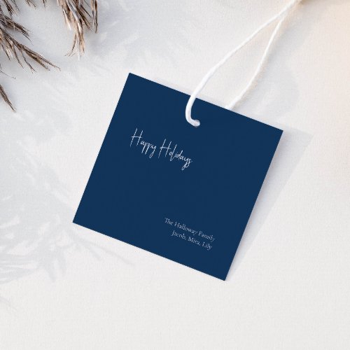 Modern Happy Holidays Blue Square Family Gift Tag