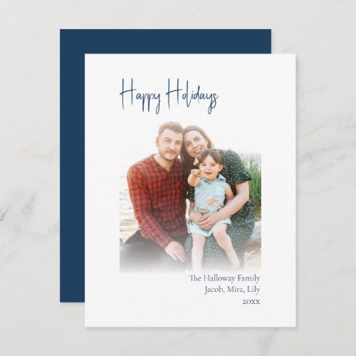 Modern Happy Holidays  Blue Vertical Faded Photo Holiday Card