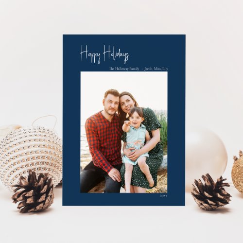 Modern Happy Holidays  Blue Vertical Single Photo Holiday Card