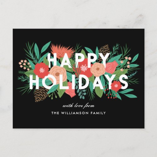 Modern Happy Holidays Bold Floral Family Name Holiday Postcard