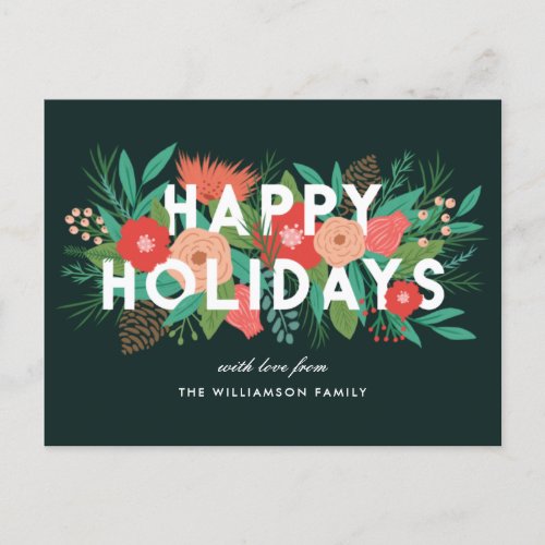 Modern Happy Holidays Bold Floral Family Name Holiday Postcard