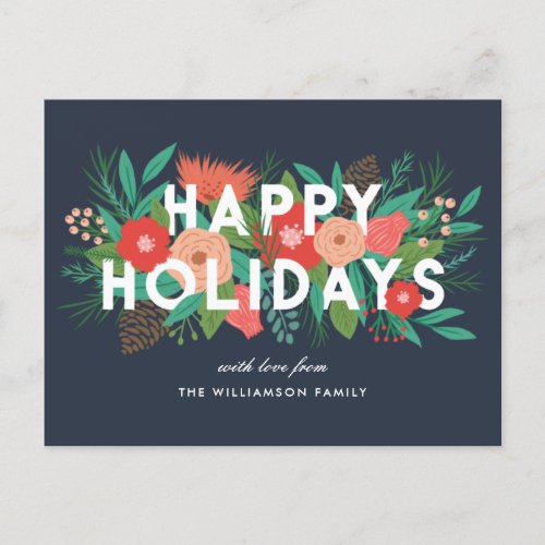 Modern Happy Holidays Bold Floral Family Name  Holiday Postcard