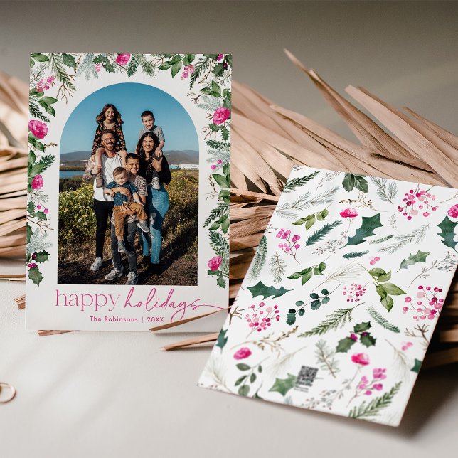 Modern Happy Holidays Bright Pink & Greenery Arch Holiday Card (Creator Uploaded)