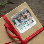 Modern Happy Holidays Christmas Photo Square Sticker<br><div class="desc">Modern christmas gift stickers featuring a family photo,  the words "happy holidays" in a stylish green gradient typeface,  and your family name.</div>