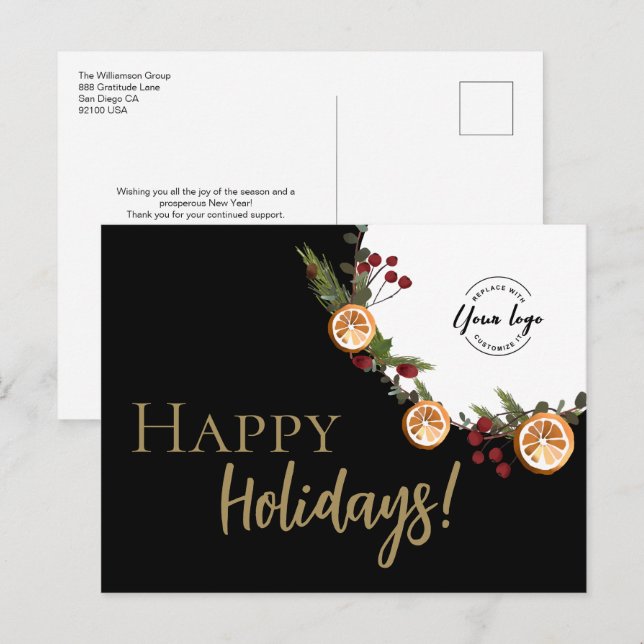 Modern Happy Holidays Custom logo Foliage Wreath Holiday Postcard (Front/Back)