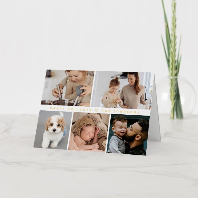 Modern Happy Holidays Family Photo Collage Gold Foil Holiday Card (Front)