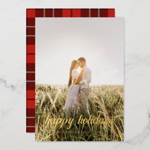 Modern Happy Holidays Family Photo Name Red Tartan Foil Holiday Card