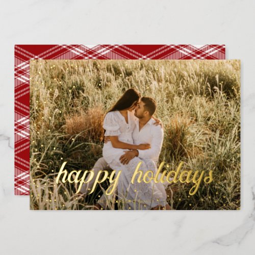 Modern Happy Holidays Family Photo Name Red Tartan Foil Holiday Card